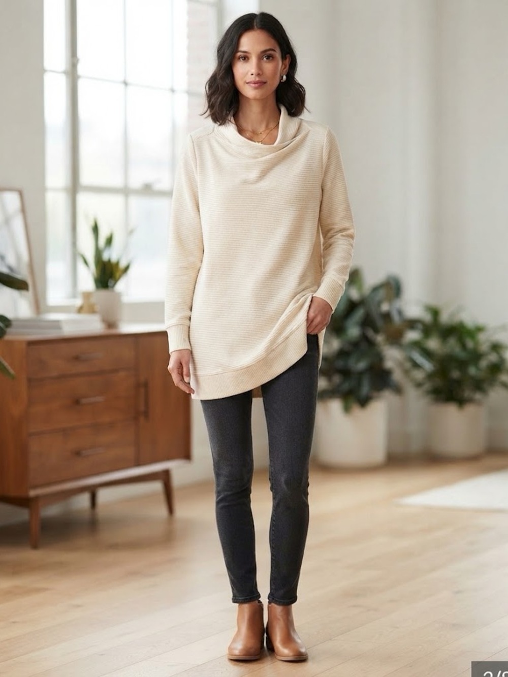 Women’s Oversized Cozy Cream Ivory Cowl-Neck Women's Ribbed Tunic Sweater P2P:26